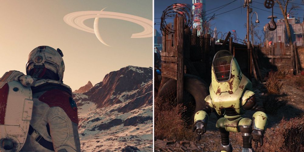 Split image of Starfield in an alien plant and a robot in Fallout 4