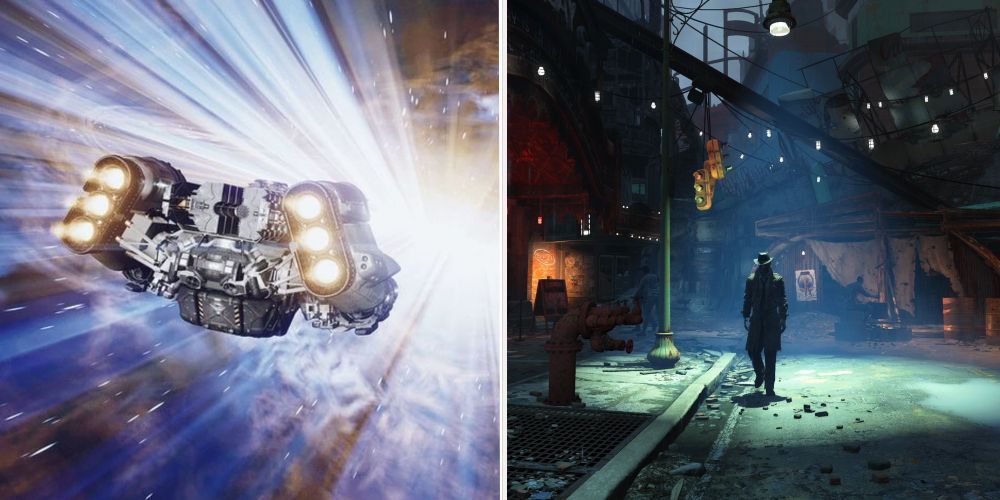 Split image of Starfield space travel and Fallout 4 seedy alley in Diamond City