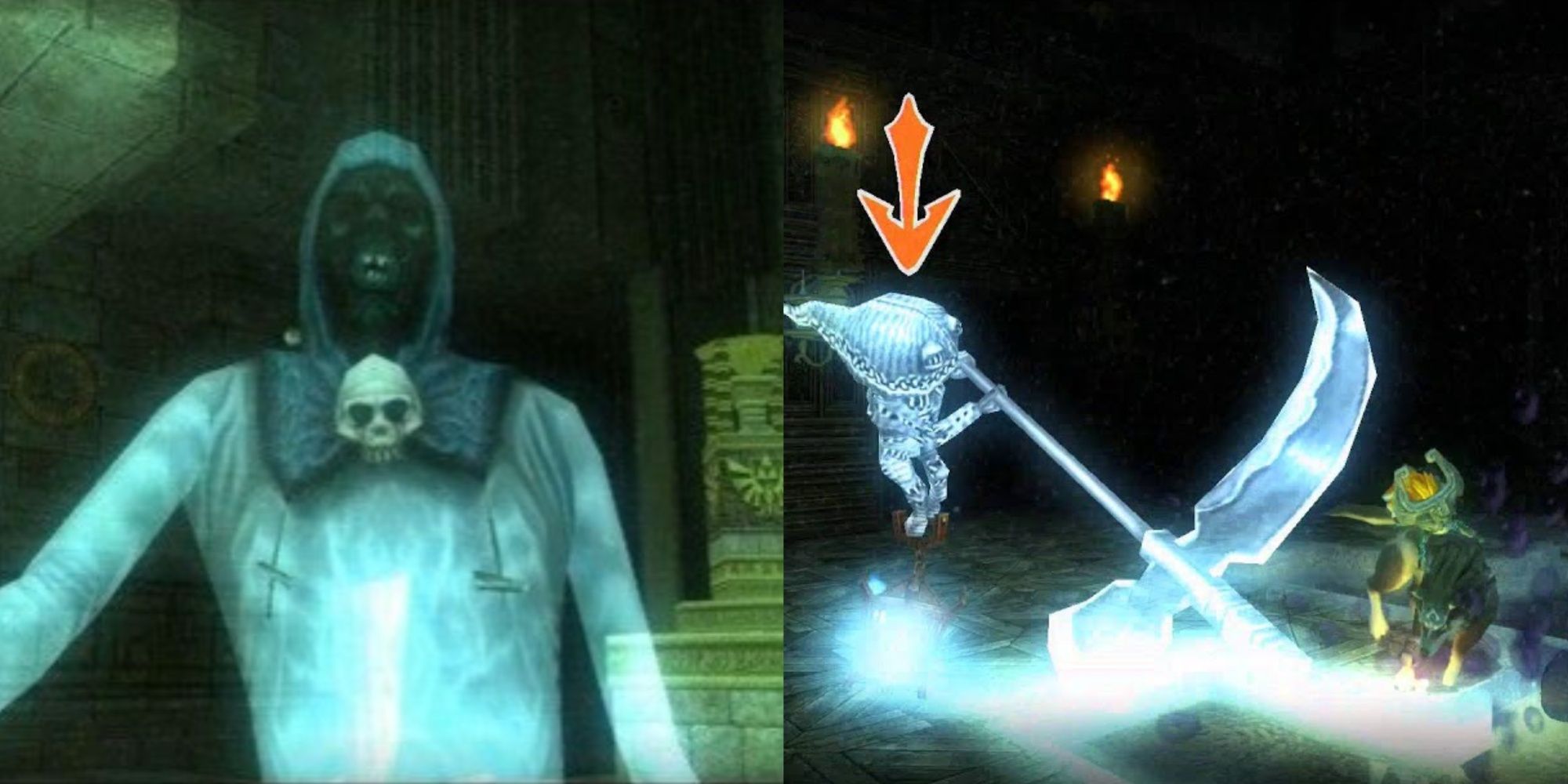Split images of a Poe and an Imp Poe in Twilight Princess