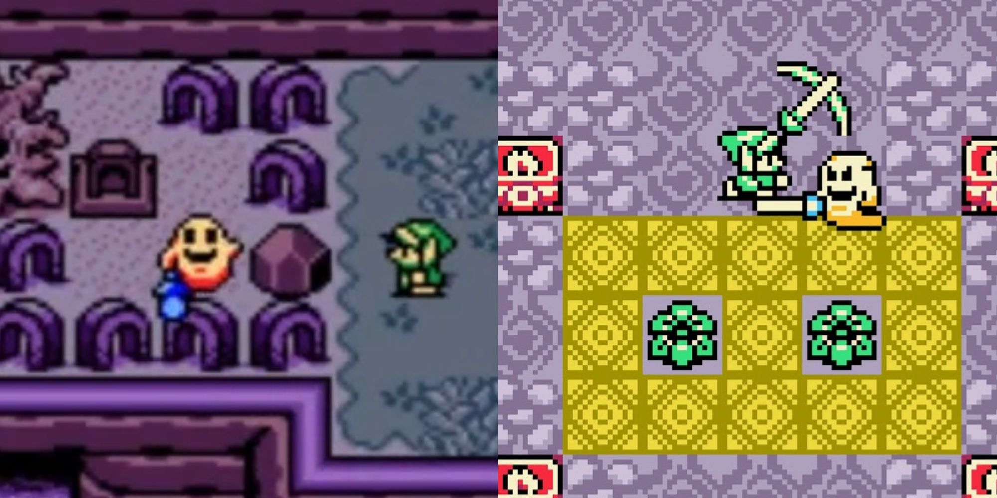 Split images of Link and Allan the Poe in Oracle of Ages and Link fighting one of the Poe Sisters in Oracle of Seasons