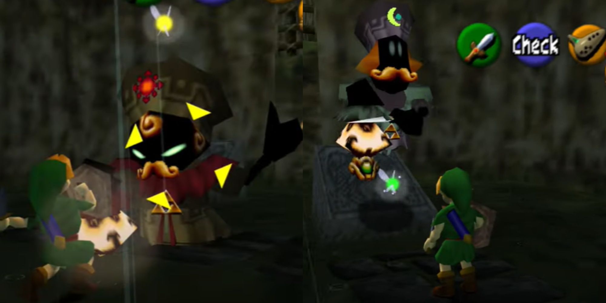 Split images of Link fighting Sharp and Flat in Ocarina of Time