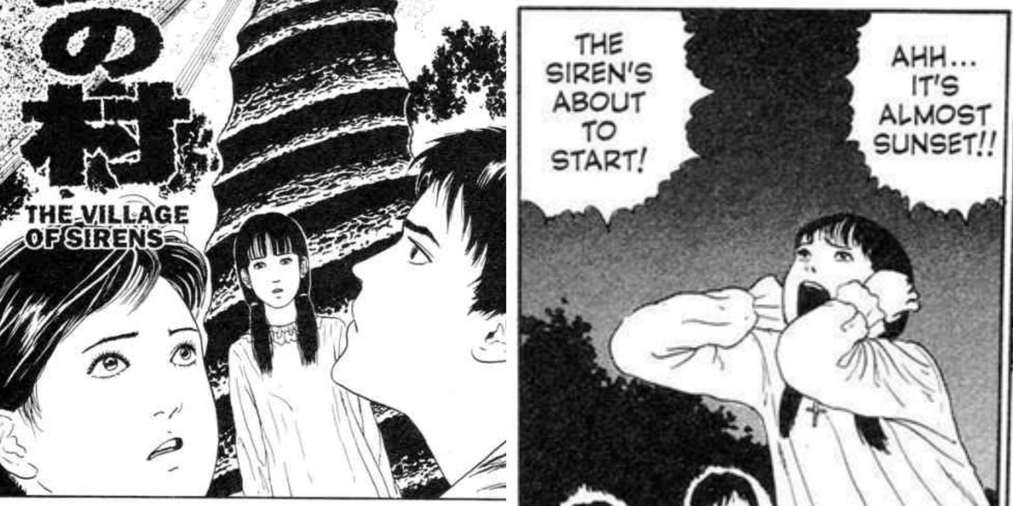 Split images of the three main characters in Village of the Siren and Yukari holding her hands over her ears