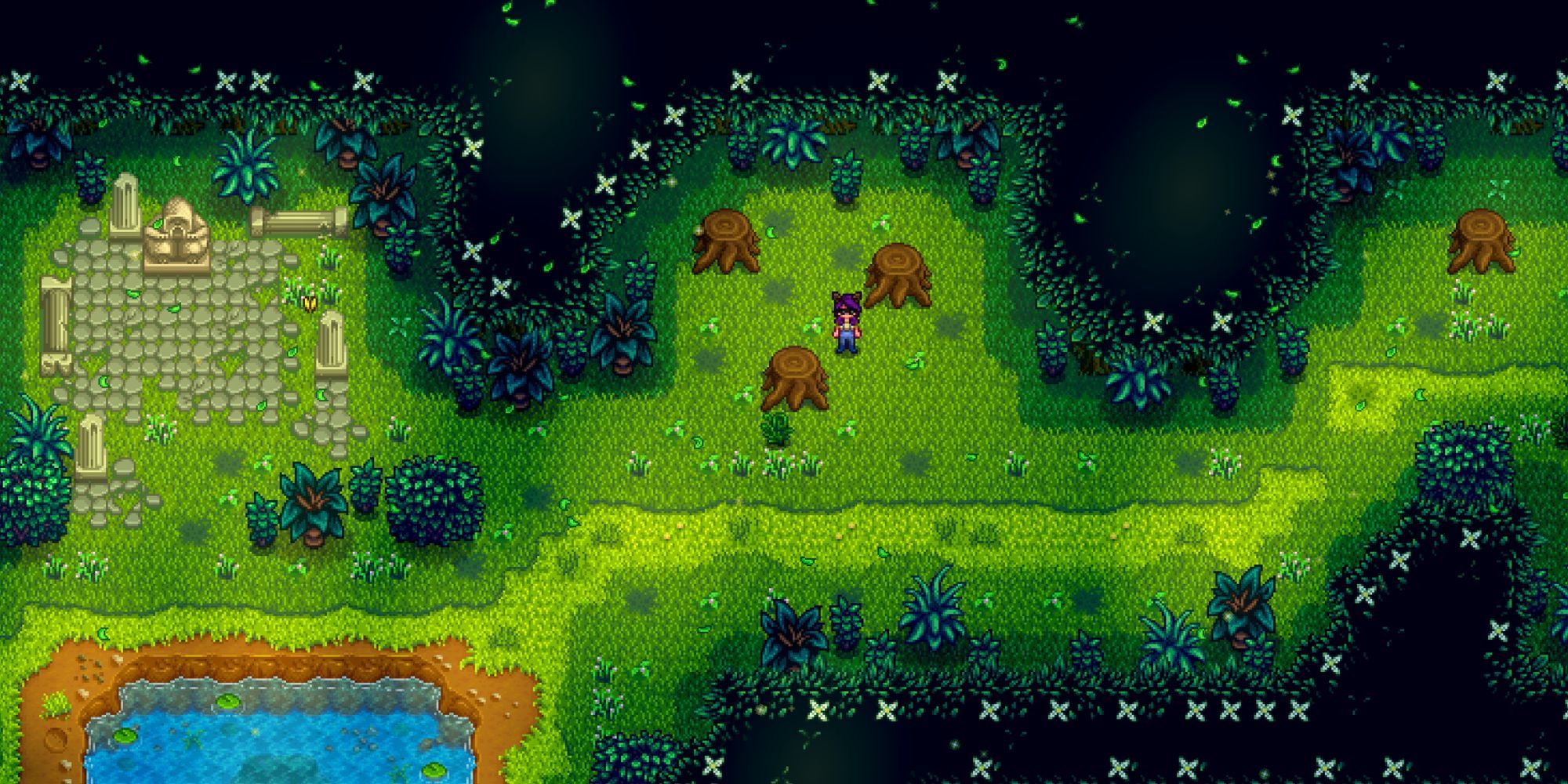 Stardew Valley, player foraging in the forest