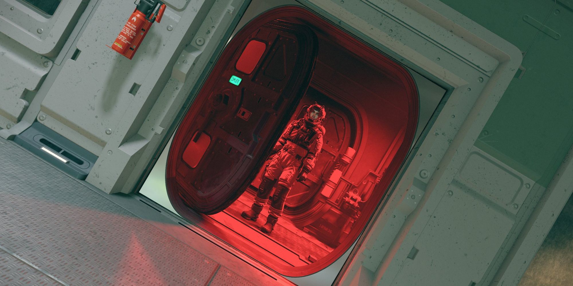 Starfield airlock opening up with a red light to show the player character