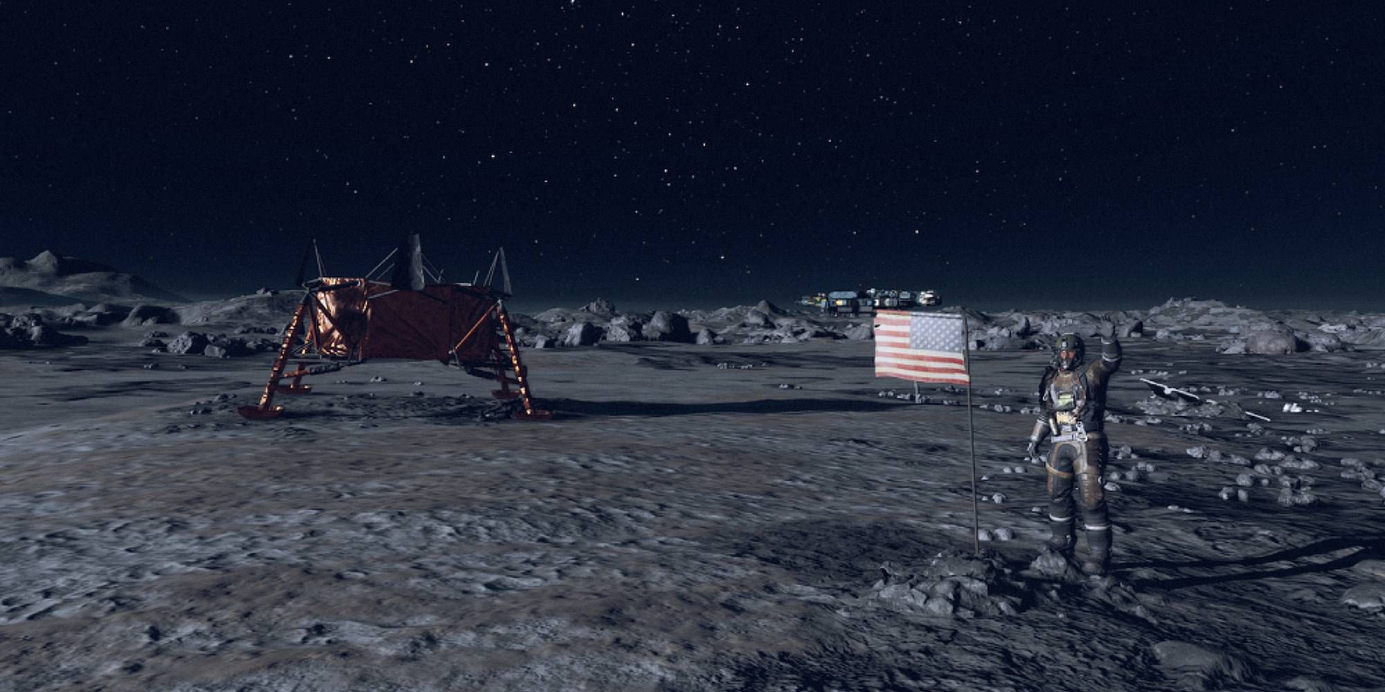 A man standing next to the American flag on the moon in Starfield