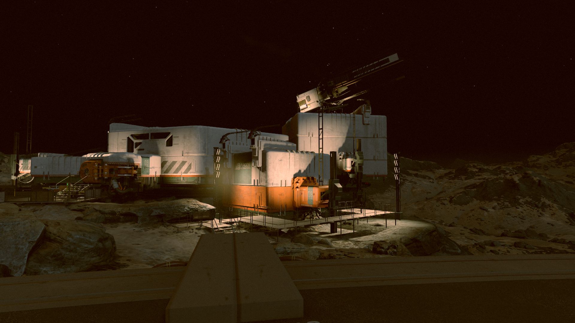 A dimly lit building exterior on the surface of a barren planet.