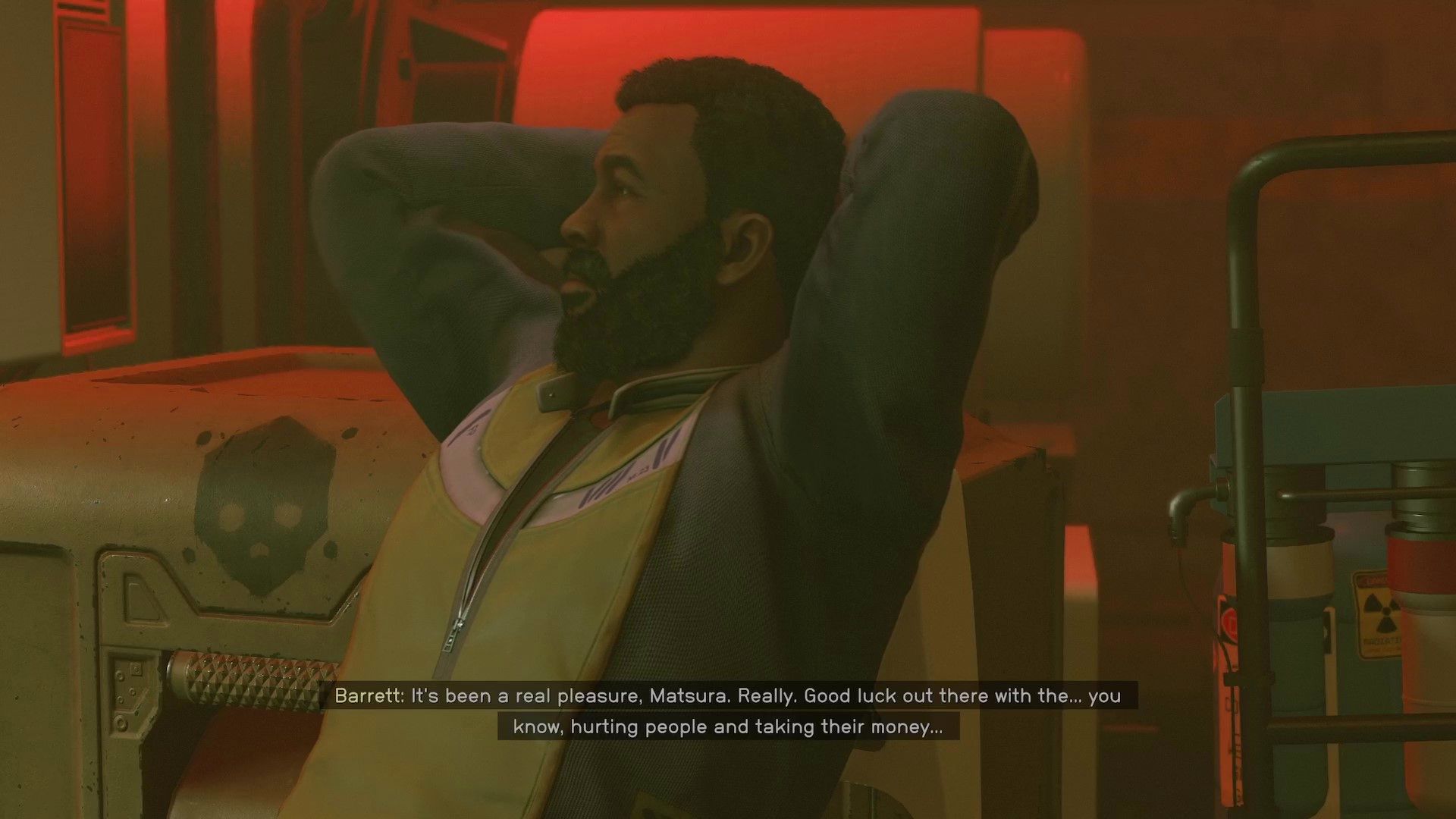 Barrett leans back in a chair and wishes Matsura the Grim luck.