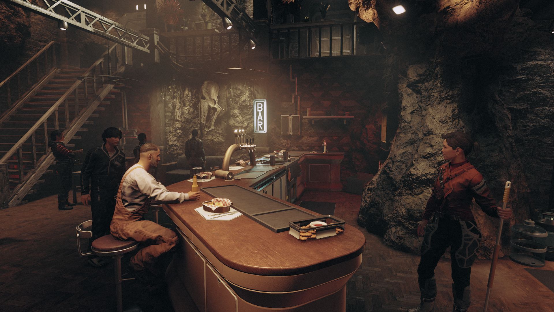 An interior scene of a bar in Akila City, with patrons sitting at the bar and at tables.