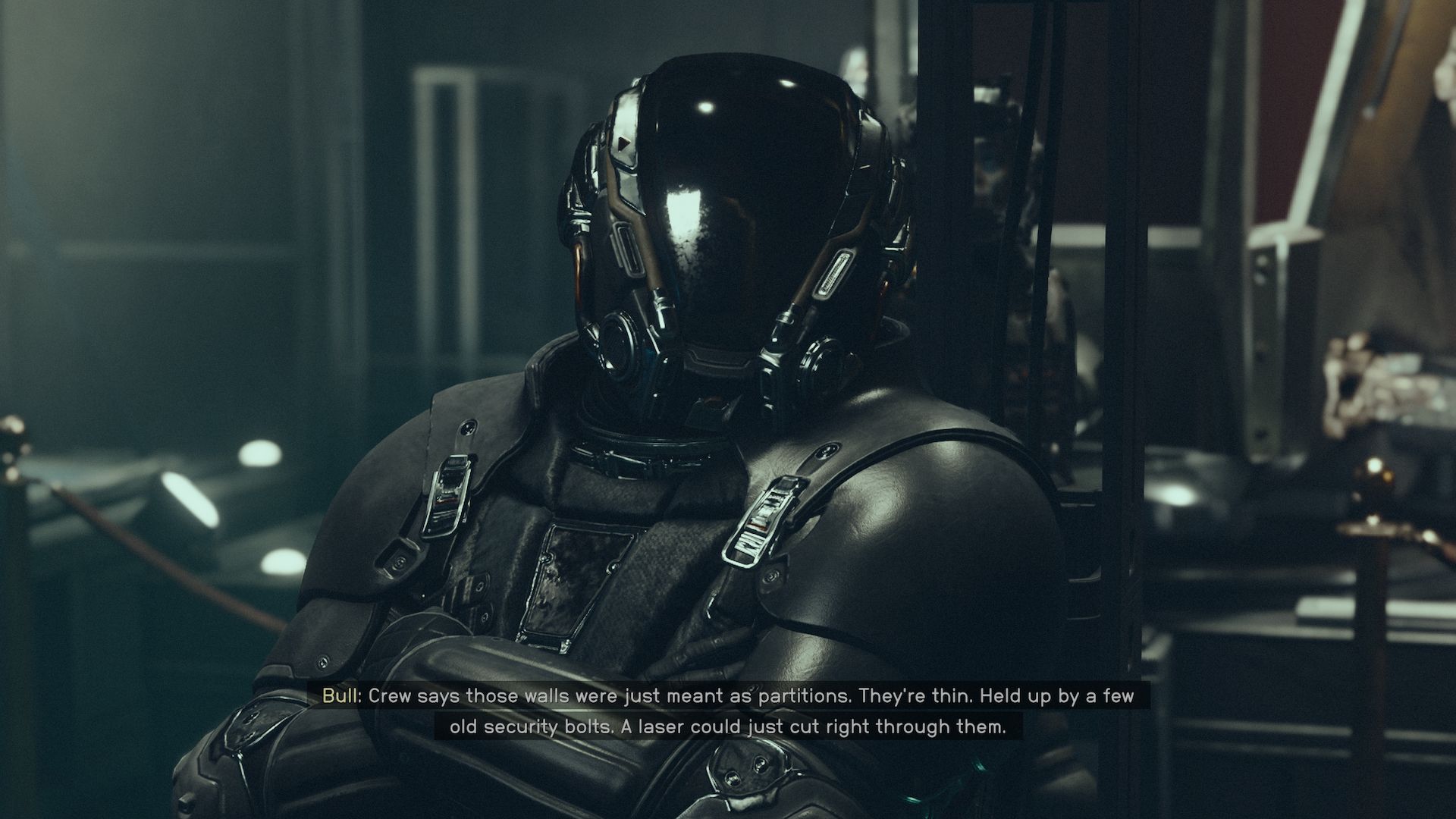 Dialogue with a helmeted mercenary called Bull aboard the Scow ship.