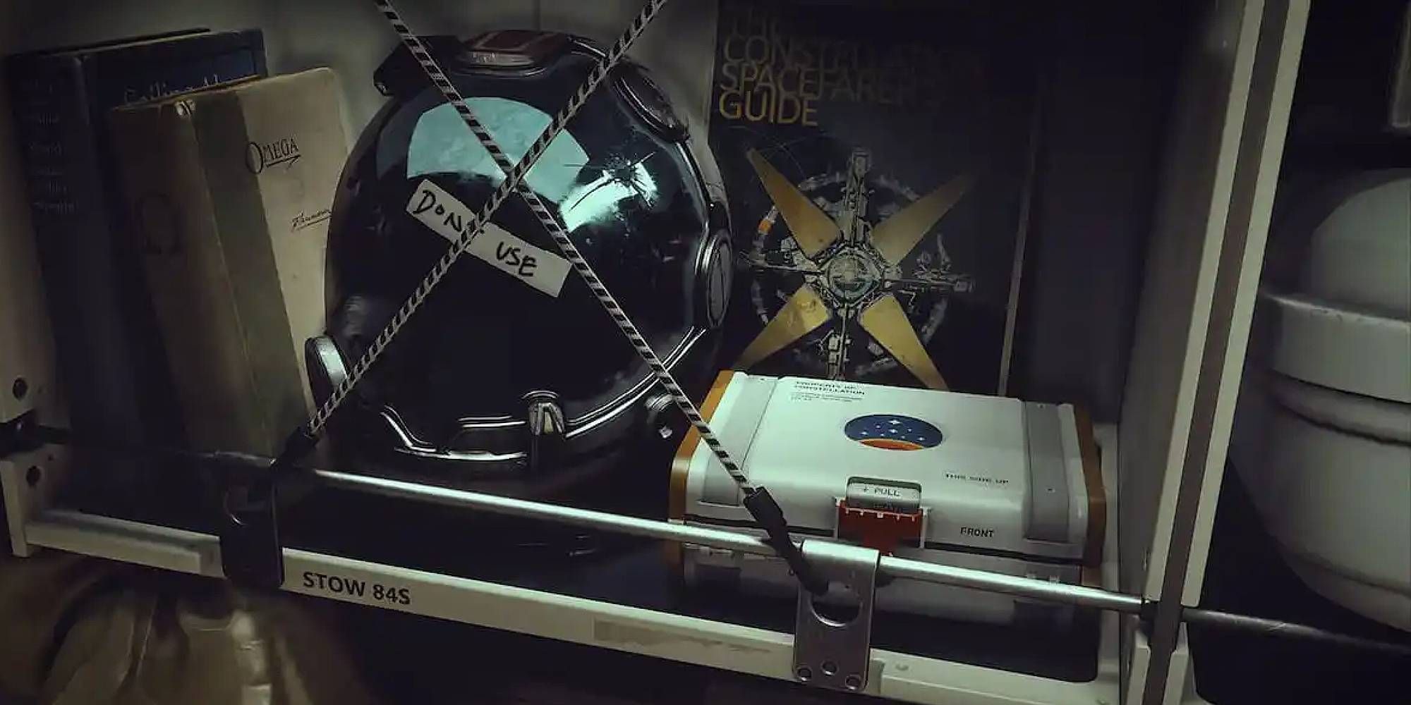 A space helmet that has a tape reading Don't Use in Starfield