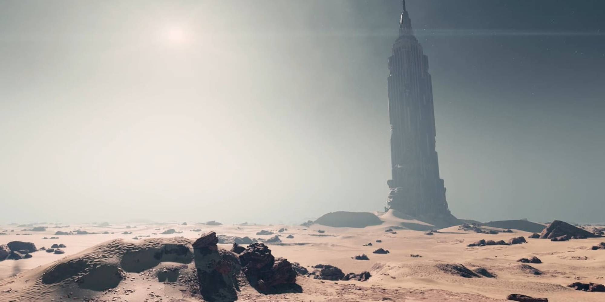 The Empire State Building in Starfield surrounded by a deserted wasteland