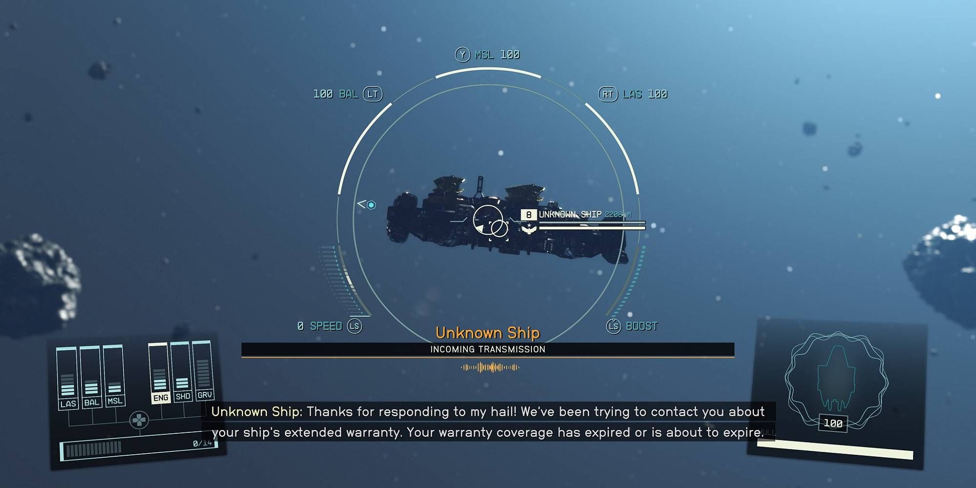A ship claiming that the player has an extended warranty in Starfield in the middle of space