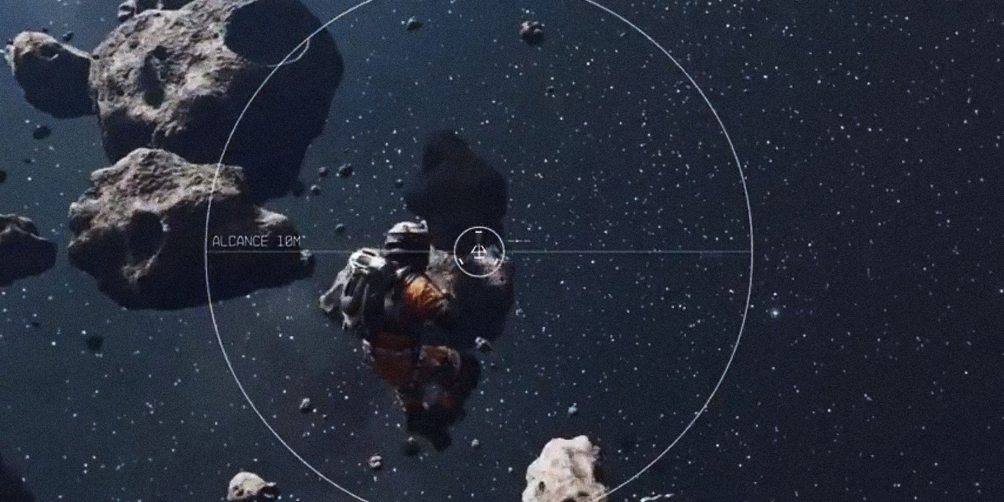 Starfield player floating in space outside of their spaceship, aiming their gun at asteroids