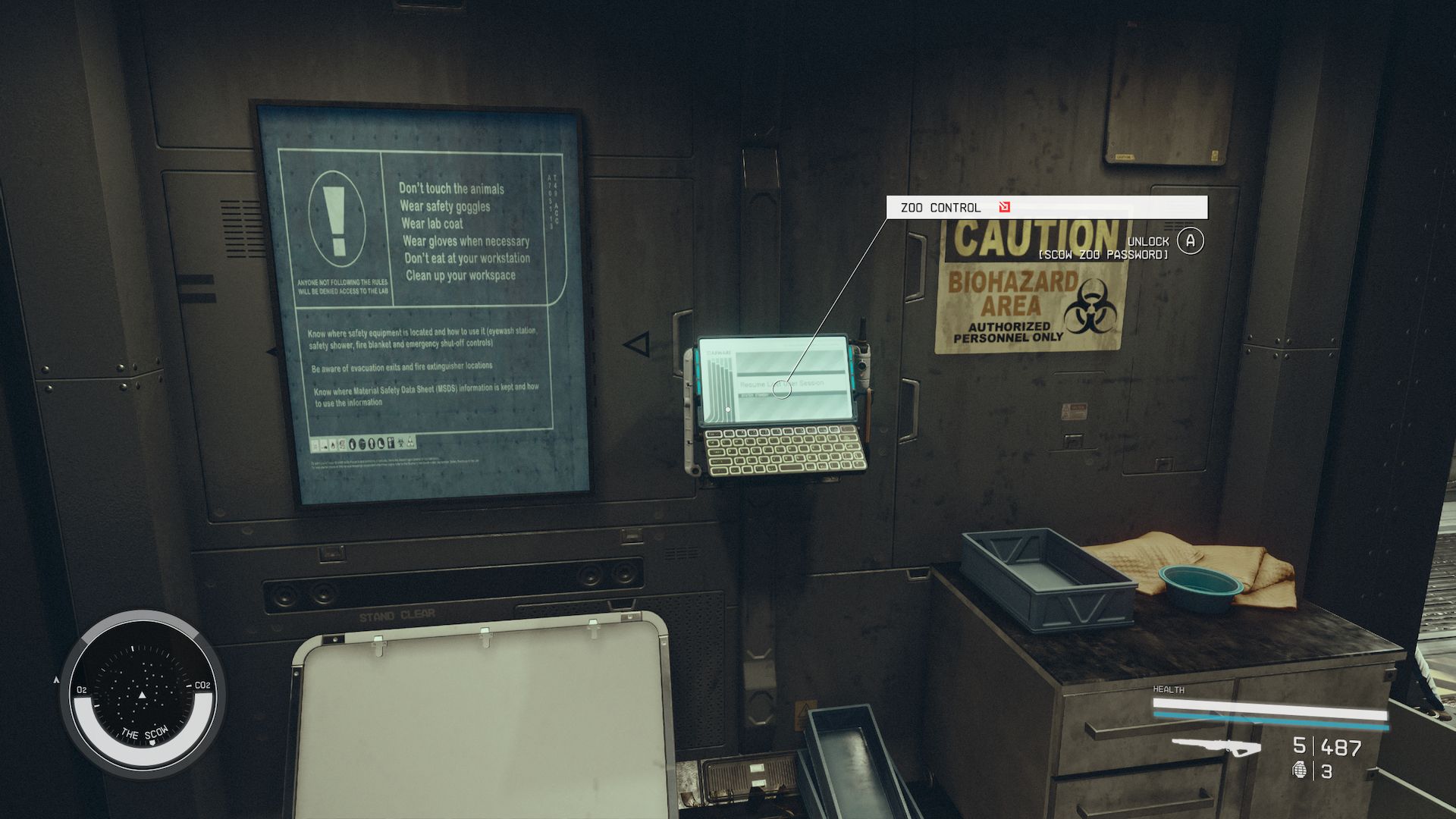 A locked computer that controls the zoo doors aboard the Scow ship.