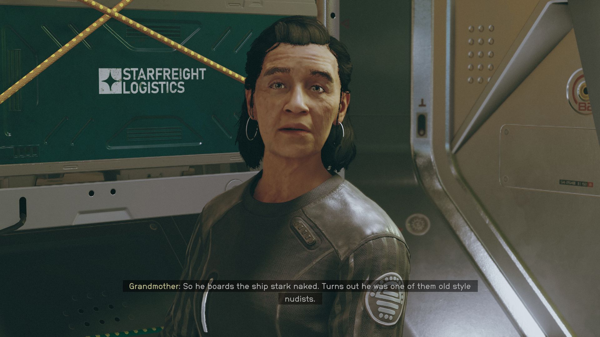 A grandmother jokes with you as you talk with her on her space ship.