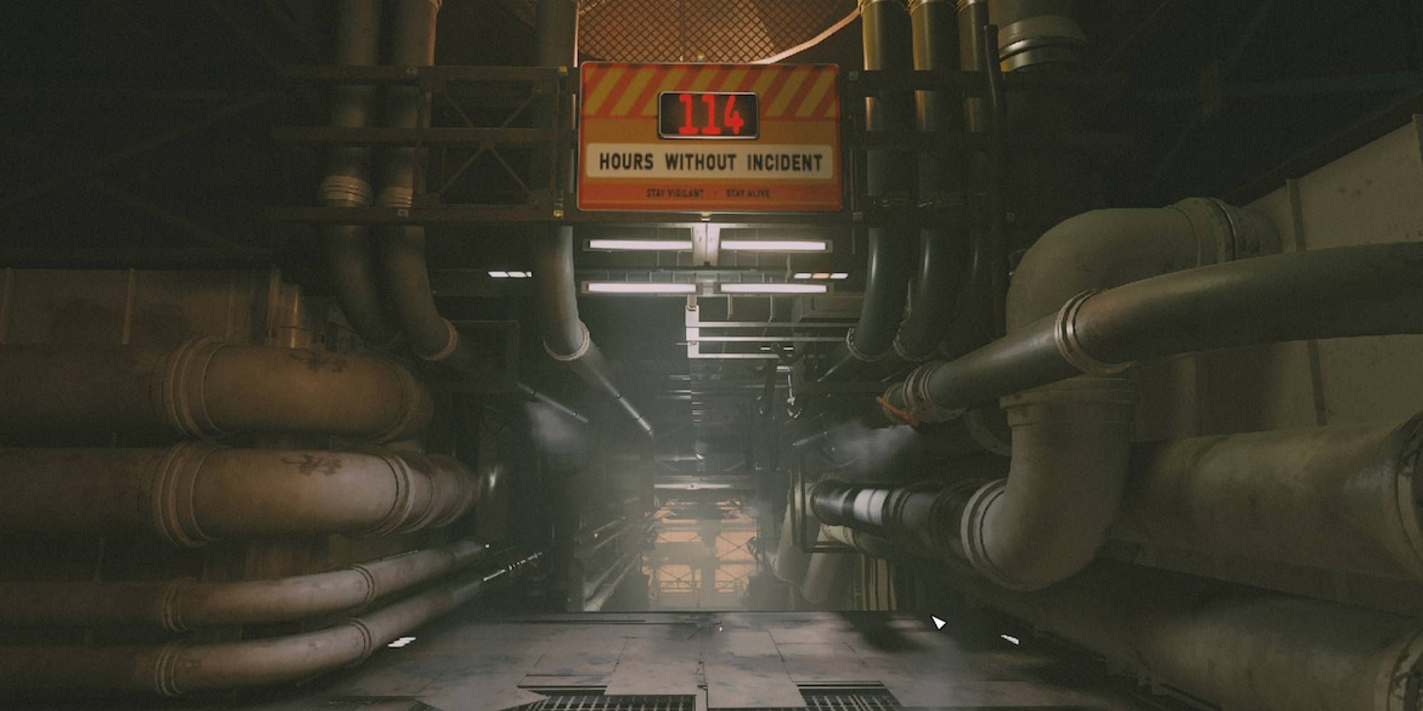 An industrial hallway showing a billboard reading Hours Without Incident in Starfield