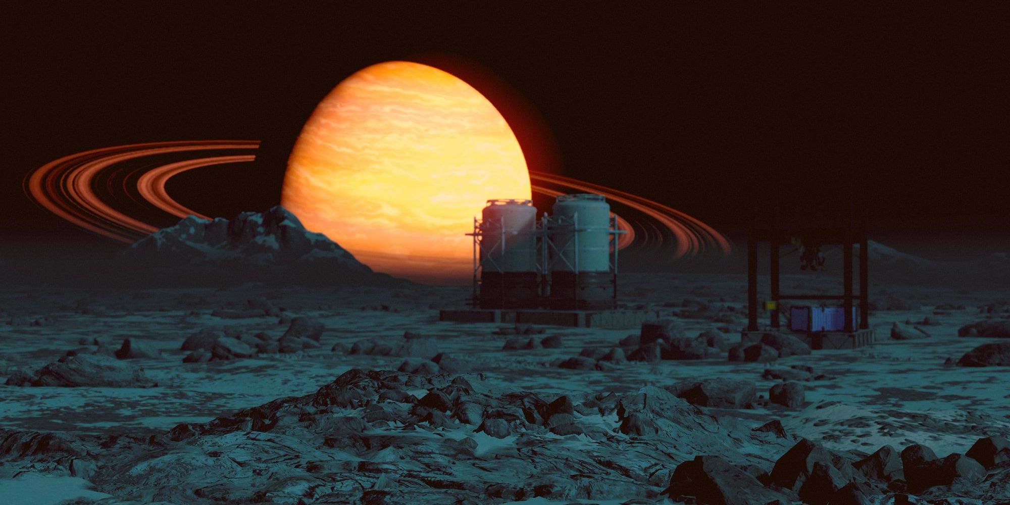 Starfield moon surface with a gas giant in the night sky
