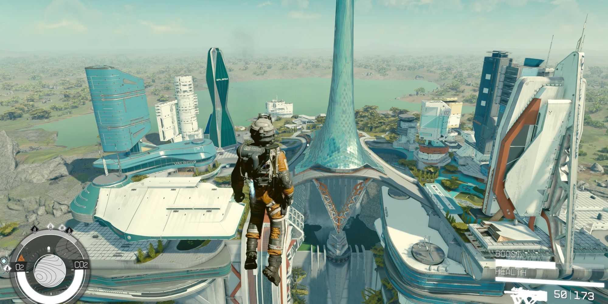 Starfield Player Using Jetpack Above City