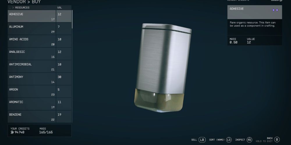 Starfield, Screenshot Of Adhesive On The Vendor Screen