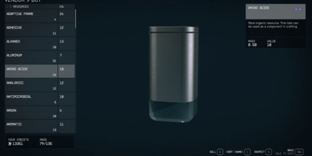 Starfield, Screenshot Of Amino Acids On The Vendor Screen