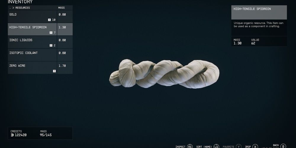Starfield, Screenshot Of High-Tensile Spidroin On The Inventory Screen