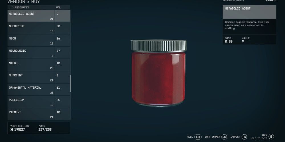 Starfield, Screenshot Of Metabolic Agent On The Vendor Screen