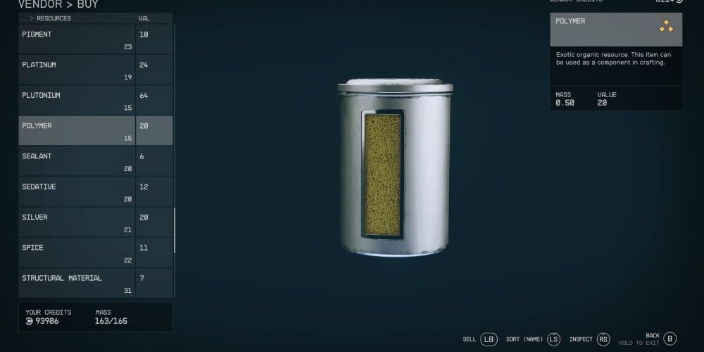 Starfield, Screenshot Of Polymer On The Vendor Screen