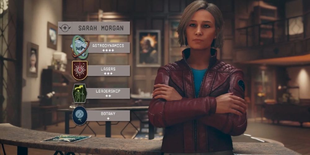 Starfield, Screenshot Of Sarah Next To Her Skill Levels