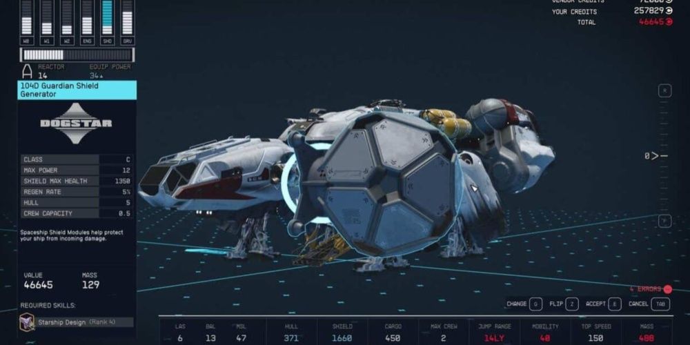 Starfield, Screenshot Of The 104D Guardian Shield Generator On The Ship Overview Screen