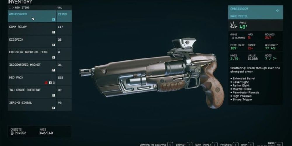 Starfield, Screenshot Of The Ambassador Pistol On The Inventory Screen