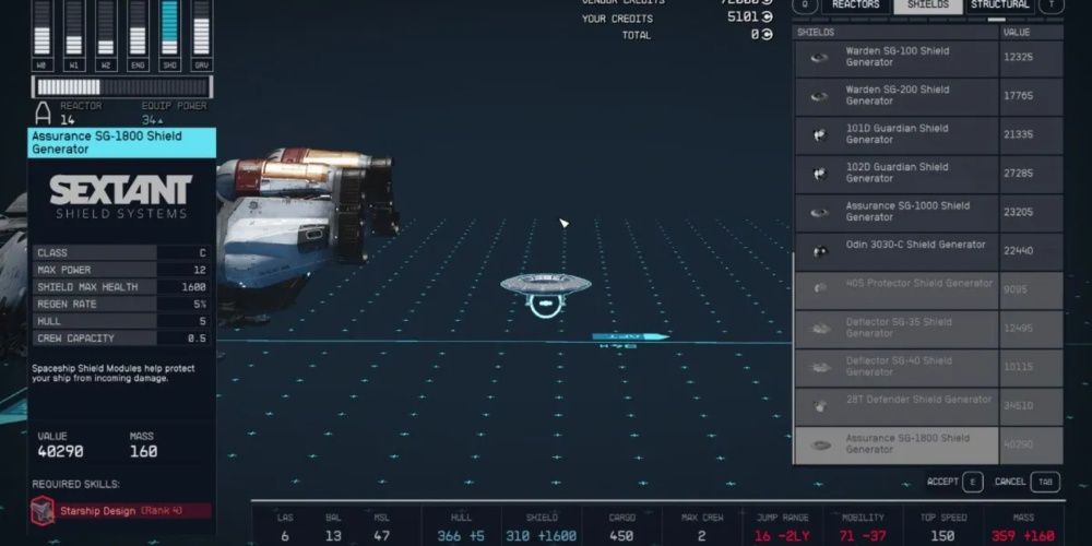 Starfield, Screenshot Of The Assurance SG-1800 Shield Generator On The Inventory Screen