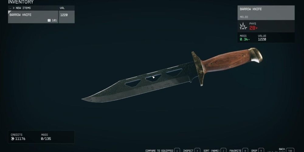 Starfield, Screenshot Of The Barrow Knife On The Inventory Screen