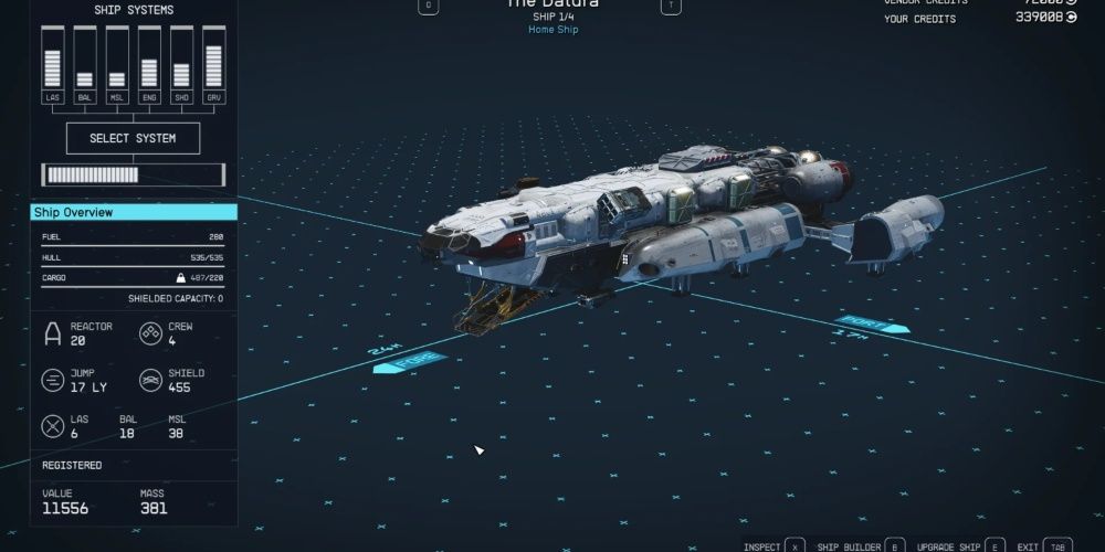 Starfield, Screenshot Of The Datura On The Ship Overview Screen