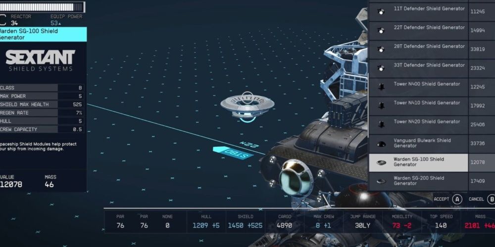 Starfield, Screenshot Of The Warden SG-400 Shield Generator On The Ship Overview Screen-1