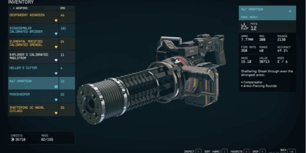 Starfield, Screenshot Of The N67 Smartgun On The Inventory Screen