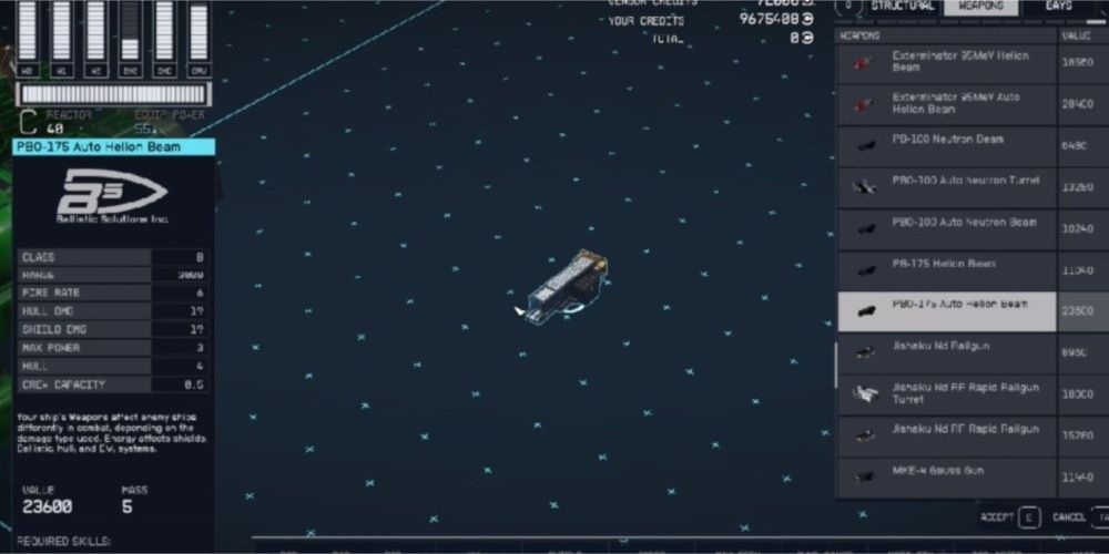 Starfield, Screenshot Of The PBO-175 Auto Helion Beam On The Vendor List