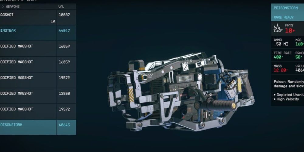 Starfield, Screenshot Of The Poisonstorm Heavy Weapon On The Vendor's List Screen