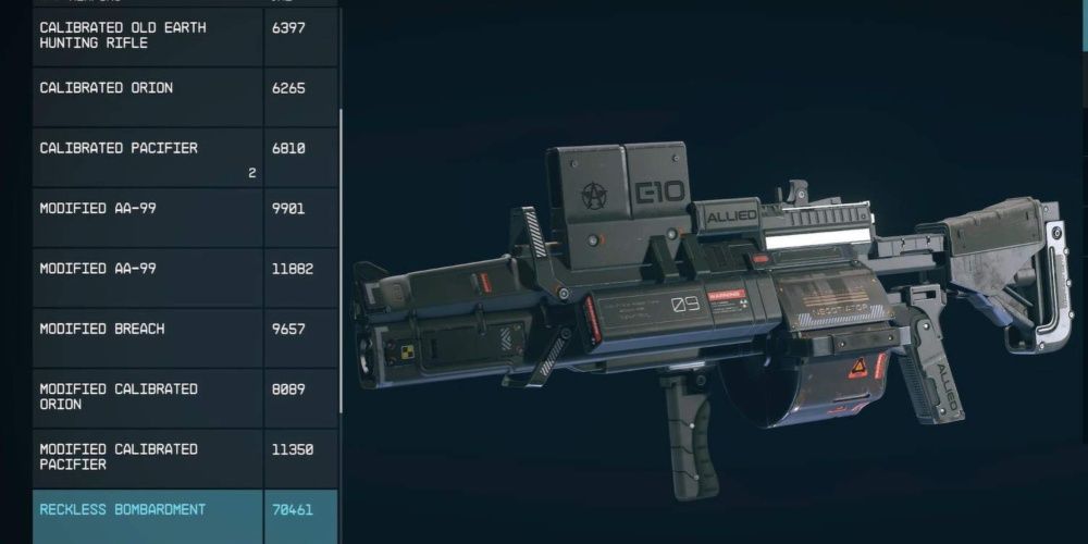 Starfield, Screenshot Of The Reckless Bombardment Heavy Weapon On The Vendor's List Screen