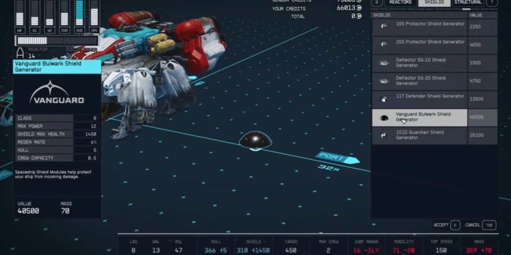 Starfield, Screenshot Of The Vanguard Bulwark Shield Generator On The Inventory Screen