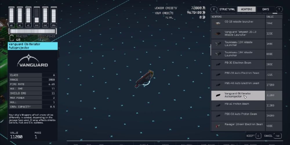Starfield, Screenshot Of The Vanguard Obliterator Autoprojector On The Vendor List SCreen