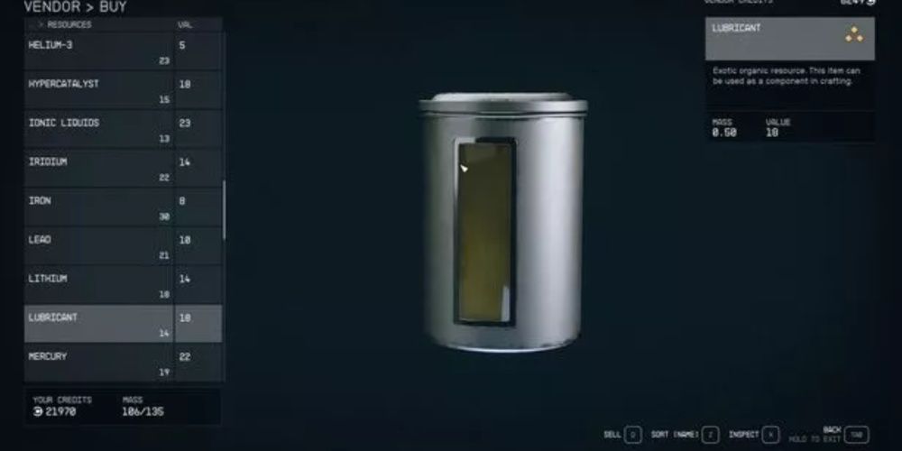 Starfield, Scrfeenshot Of Lubricant On The Vendor Screen