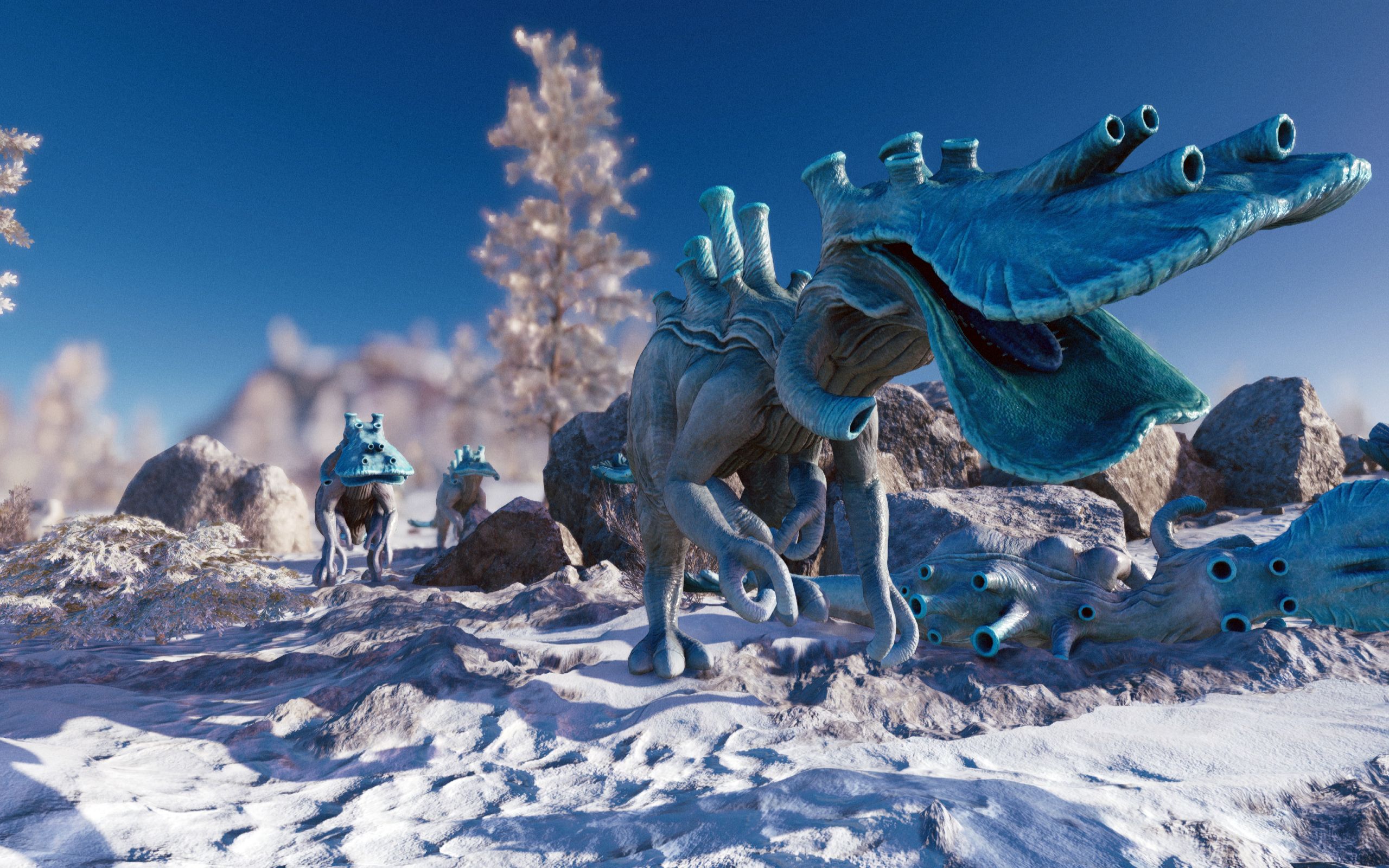 A pack of Herding Reefwalker scavengers roaming the frozen mountain biome of Jemison