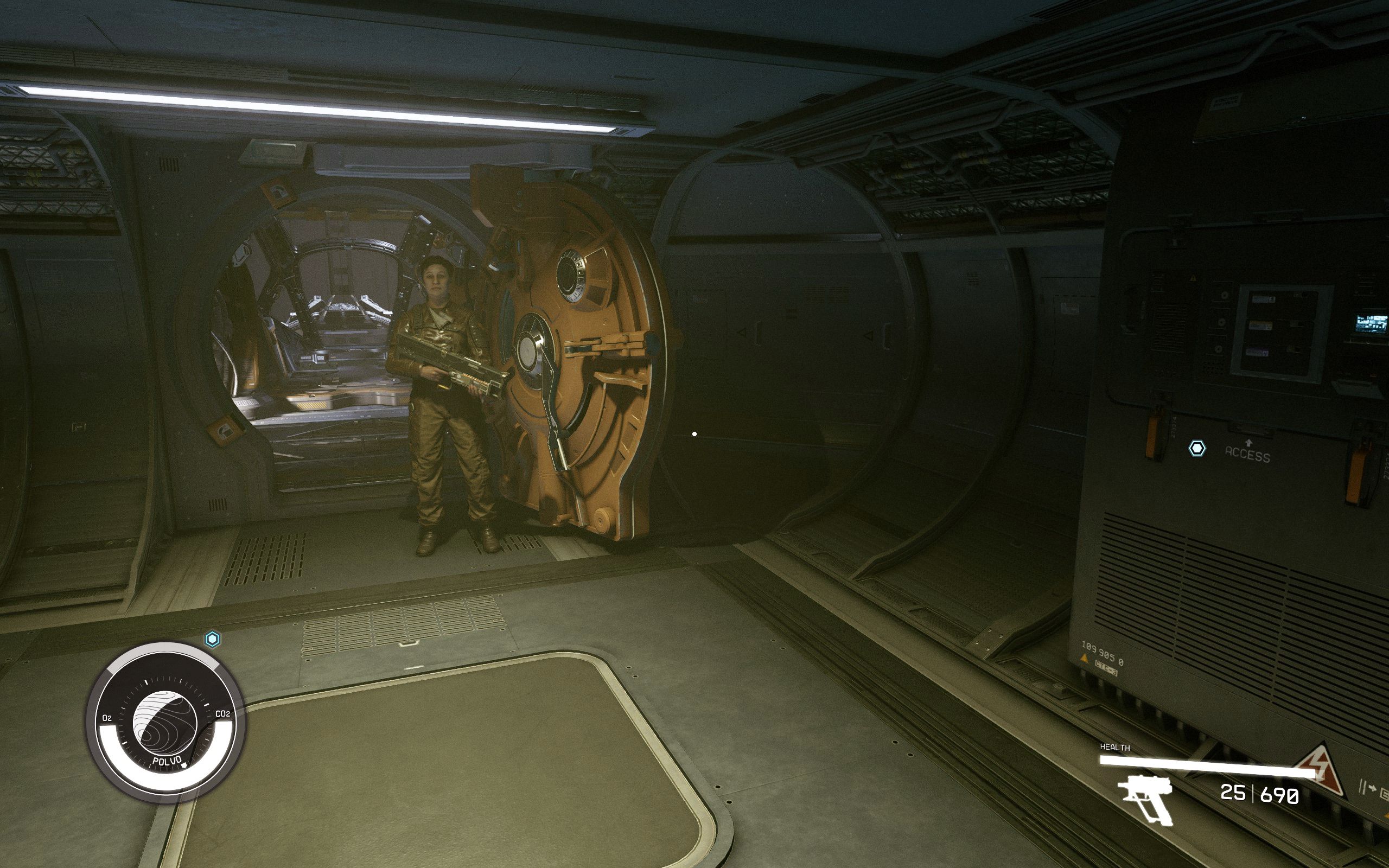 The Service Panel and HopeTech Security guard inside the half built starship