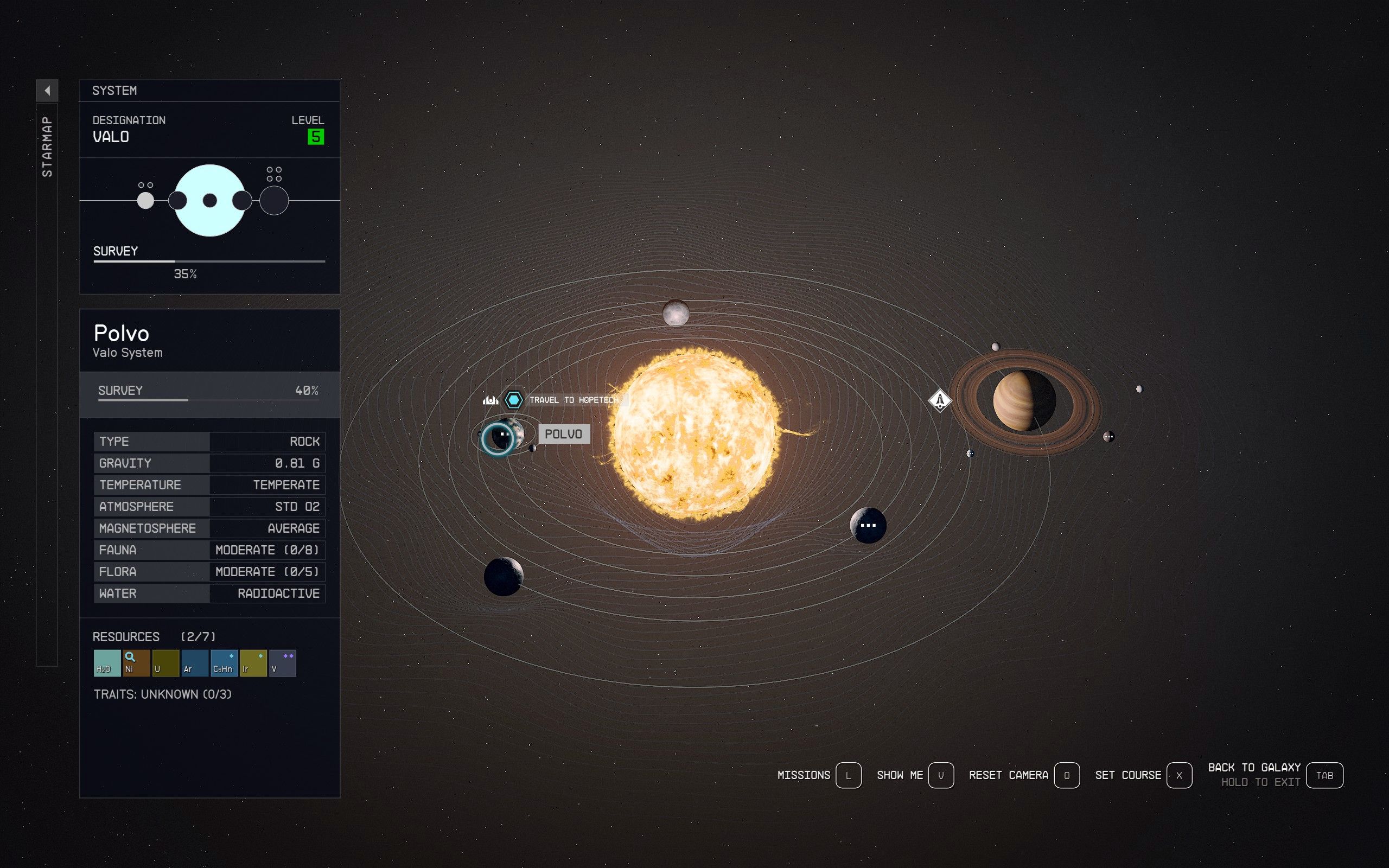 The Starfield Starmap open to the Valo system and viewing Planet Polvo