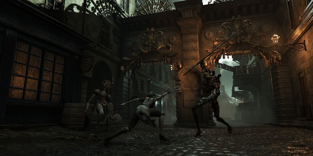 Steelrising Aegis fighting automatons in a Victorian era street