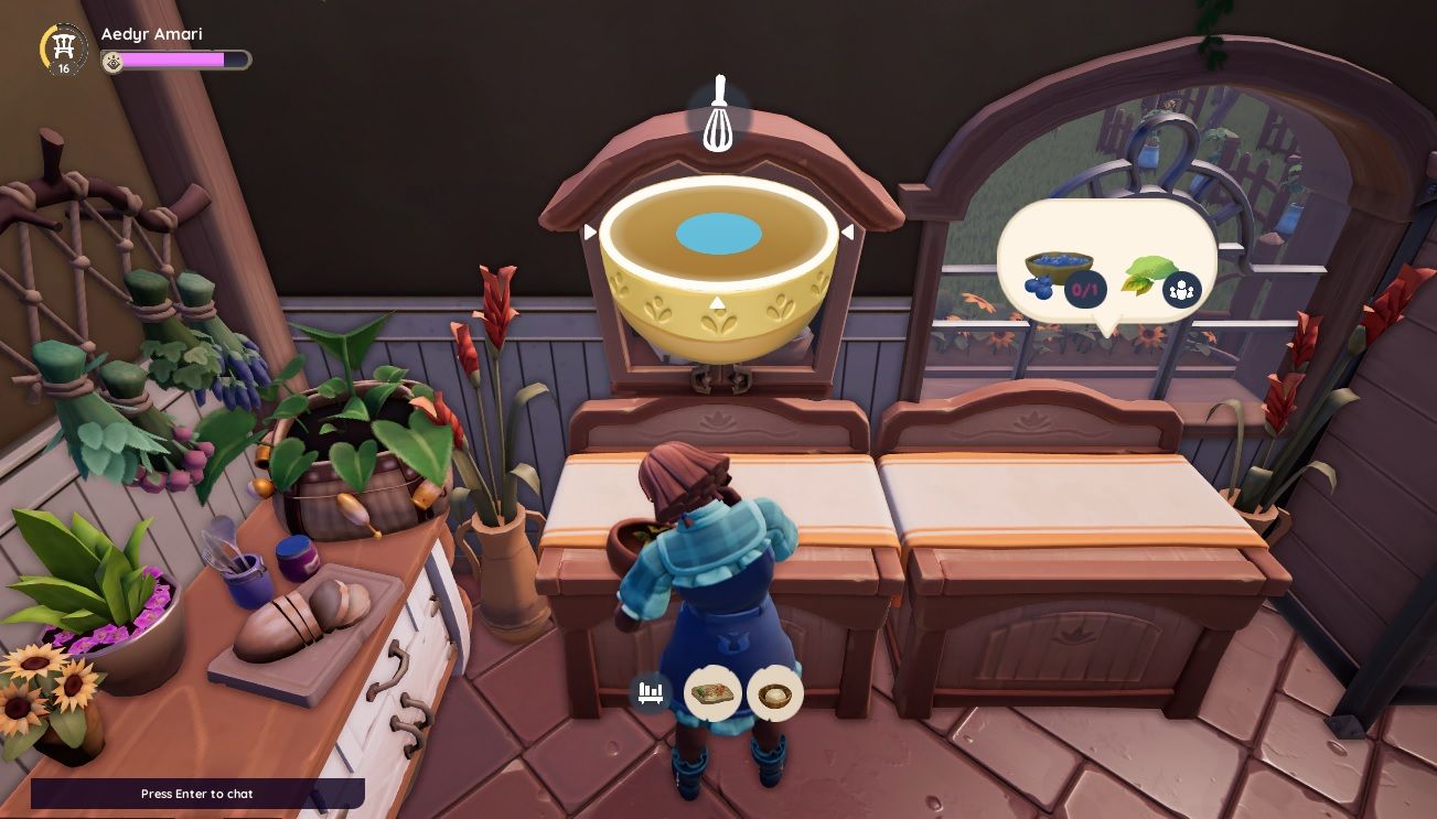 Player character in the middle of the stirring minigame, showing the bowl UI and recipe ingredients, in cooking in Palia. 