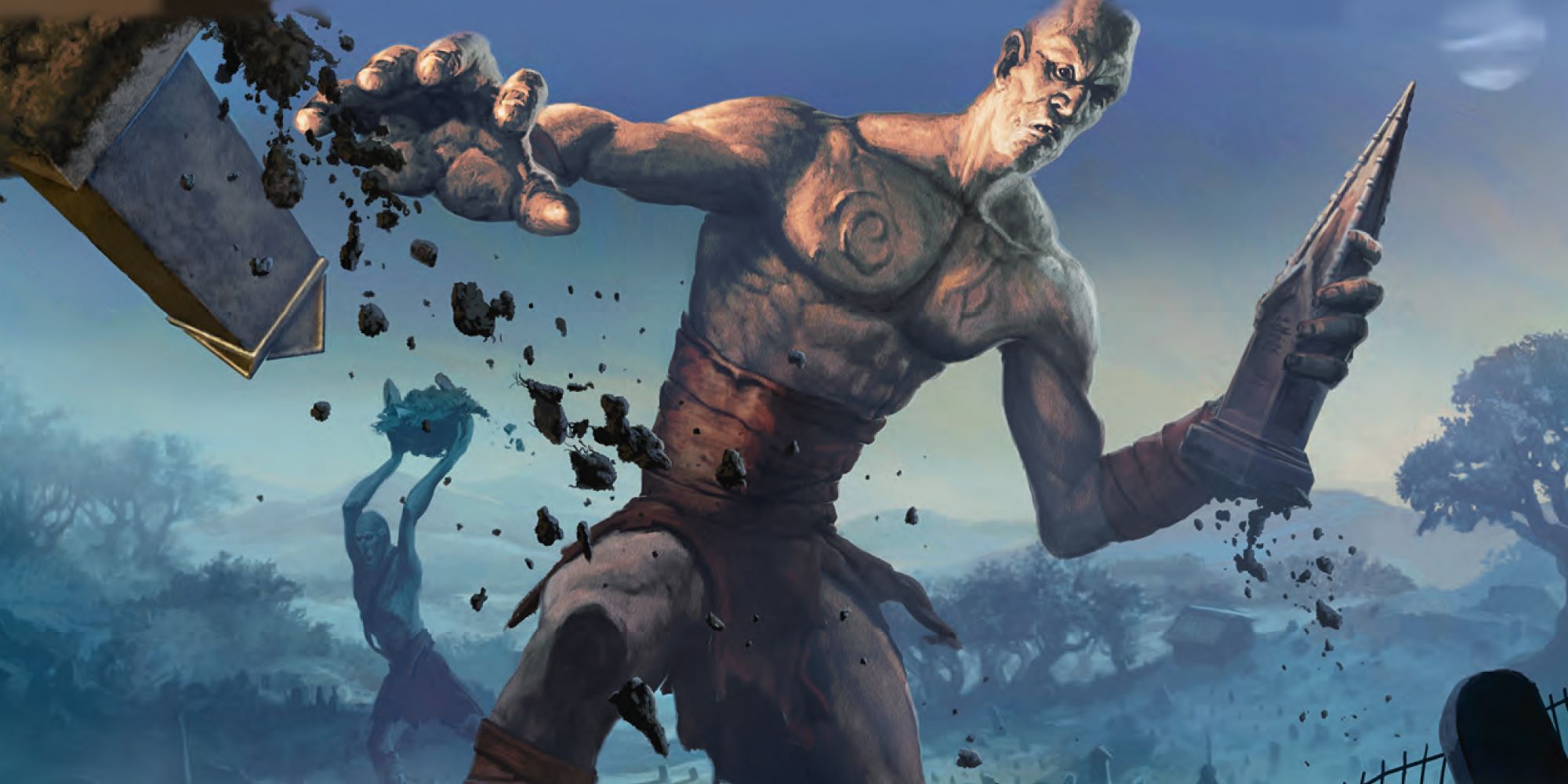 A stone giant wielding parts of a building as weapons