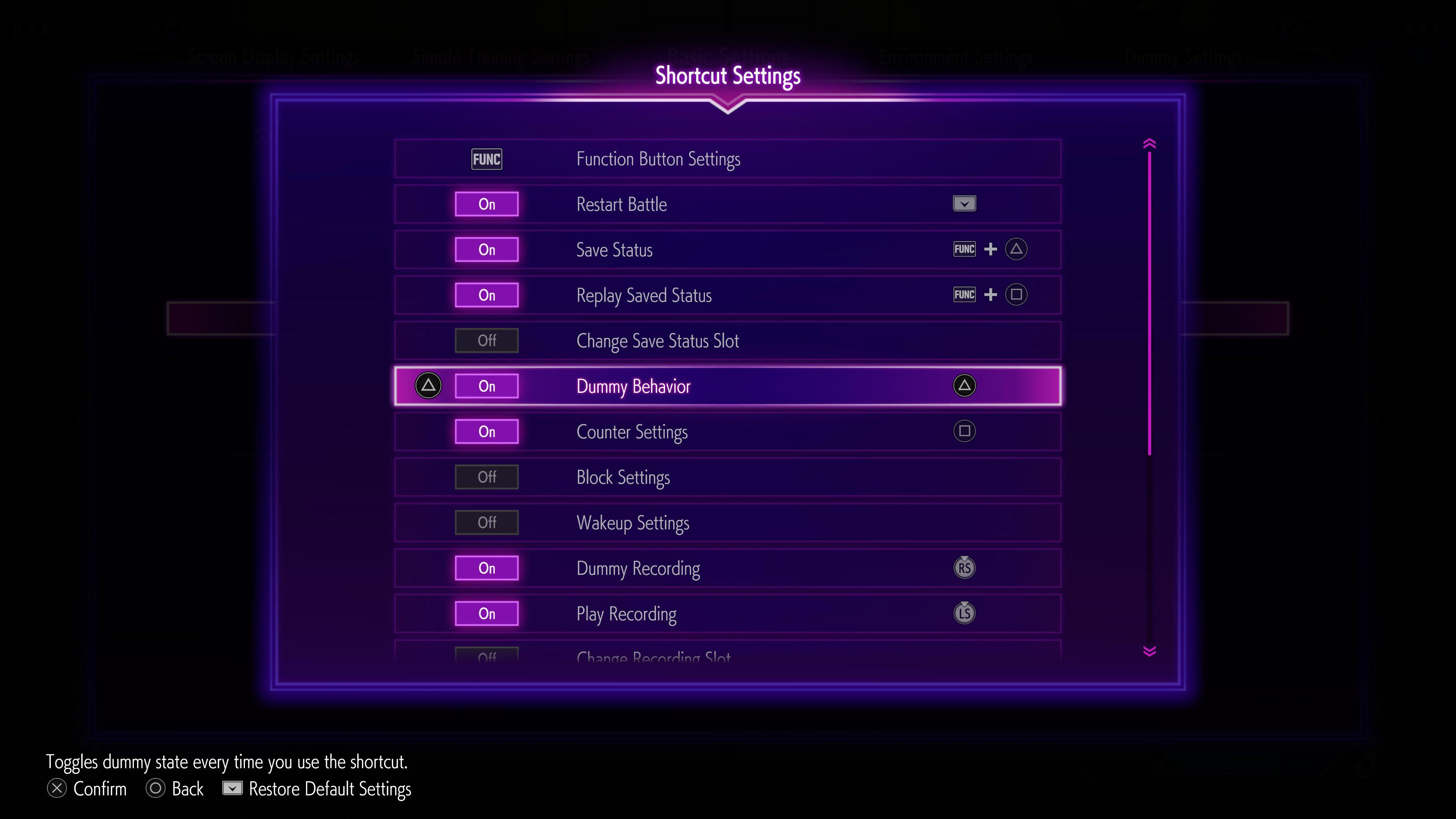 The new Shortcut Settings update, showcasing the ability to assign Shortcuts with a single button without the need of a Function Button in Street Fighter 6's Training Mode