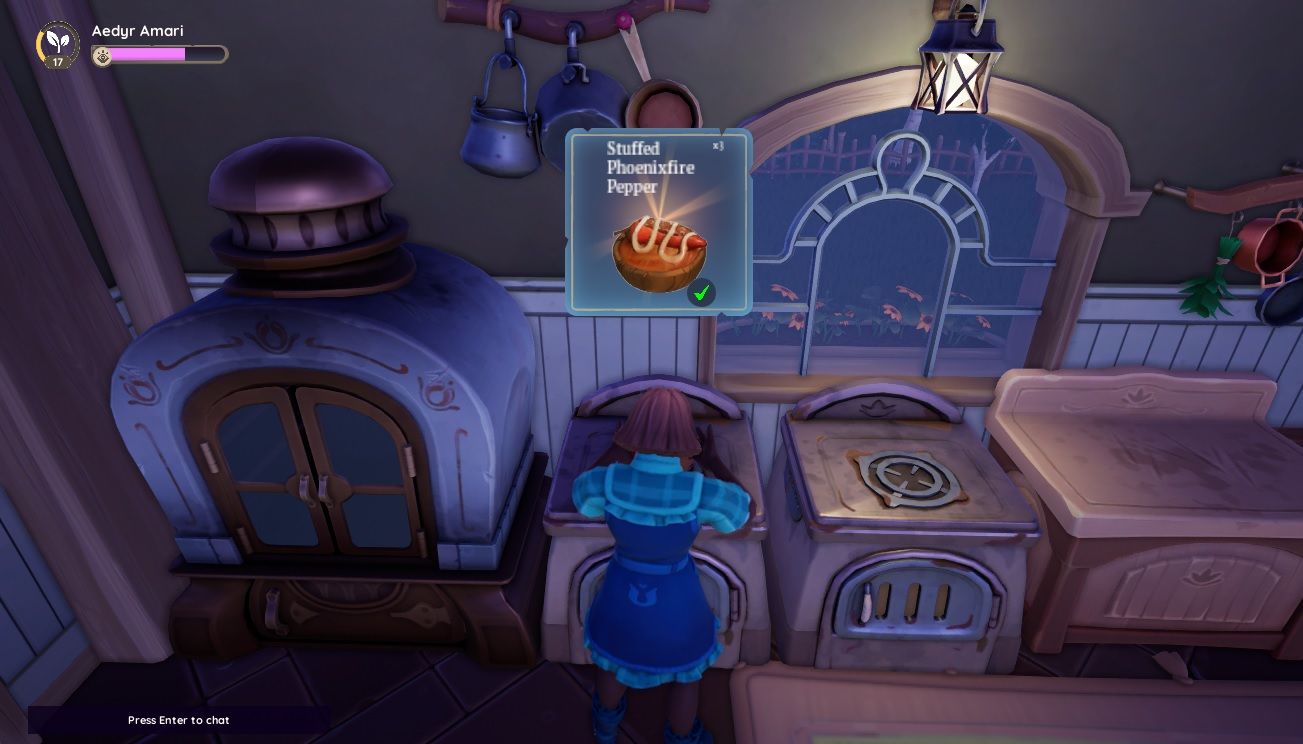 Player character standing next to a player-made kitchen with a finished Stuffed Phoenixfire Peppers dish sitting on the stove with a named pop-up above it in Palia.
