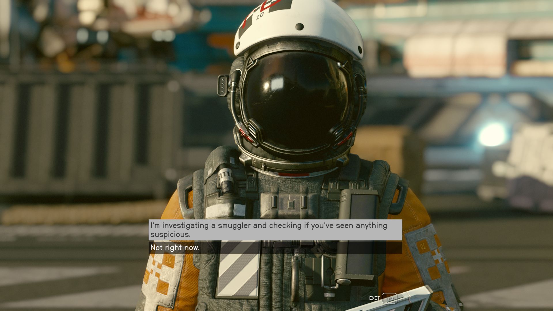 The player talking to port workers in Starfield 
